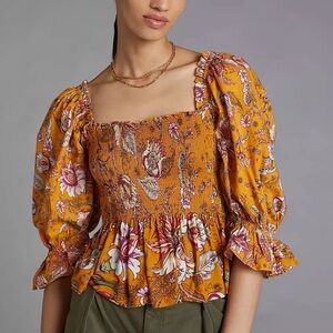 Conditions Apply Anthropologie Yellow Floral Smocked Peplum Blouse